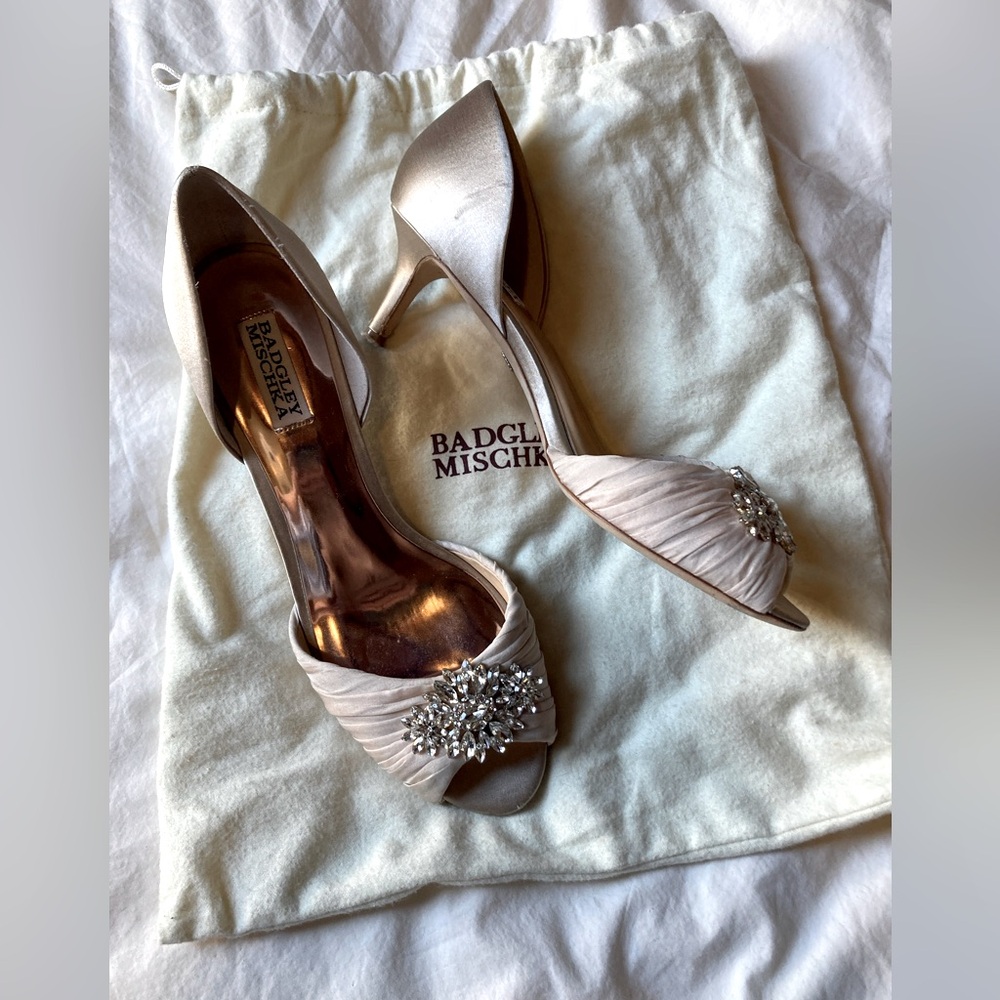 Badgley Mischka crystal satin pumps